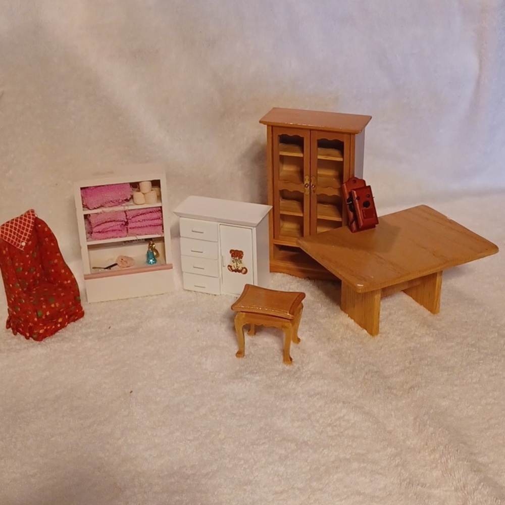 Dollhouse minitures chair, baby's room, china cabinet, tables